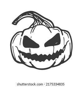 Vector simple scary spooky smiling Halloween pumpkin isolated. Jack o Lantern. Traditional contour decoration, symbol of holiday celebration in cartoon doodle style