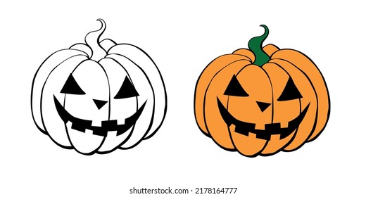 Vector simple scary spooky smiling Halloween pumpkin isolated. Jack o Lantern. Two variants - black contour for coloring in doodle style, color flat drawing. Traditional decoration symbol of holiday