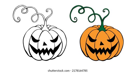Vector simple scary spooky smiling Halloween pumpkin isolated  Jack o Lantern  Two variants    black contour for coloring in doodle style  color flat drawing  Traditional decoration symbol holiday