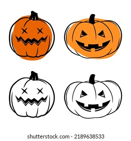 Vector simple scary spooky smiling Halloween pumpkin isolated. Jack o Lantern. Traditional contour decoration, symbol of holiday celebration in cartoon doodle style