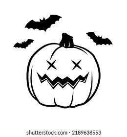Vector simple scary spooky smiling Halloween pumpkin isolated. Jack o Lantern. Traditional contour decoration, symbol of holiday celebration in cartoon doodle style