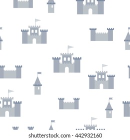 Vector simple seamless background with grey castles and towers. The pattern for boys. Fabric textile print