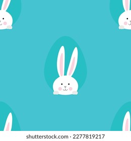 Vector simple seamless blue Easter pattern. Holiday repeatable cartoon minimalistic background with drawing rabbits. Funny fabric print. Vector illustration