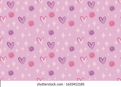 Vector simple seamless cute pink girlish festive february pattern with hearts and roses.