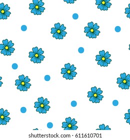 Vector simple seamless floral pattern with little blue flower and circle dot. Fancy flower background for printing on fabric, cover, paper for scrapbook, gift wrap and wallpapers.
