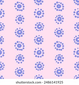 Vector simple seamless pattern with abstract flowers or suns. Repeating background of blue circles with spots around in hand drawn style.