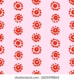 Vector simple seamless pattern with abstract flowers or suns. Repeating background of red circles with spots around in hand drawn style.