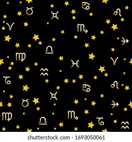 Vector simple seamless pattern. Astrological symbols. Stars and gold zodiac signs on a black background.