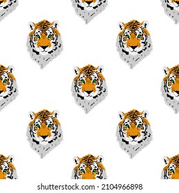 Vector simple seamless pattern illustration of tiger head isolated on white background.