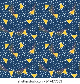 Vector simple seamless pattern in memphis style. Geometric shapes - triangle, figures Template with 80's - 90's fashion for your design. Poster banner flayer , advertisement element. blue background