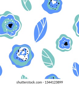 vector simple seamless pattern on white blue cute childish flower leaf