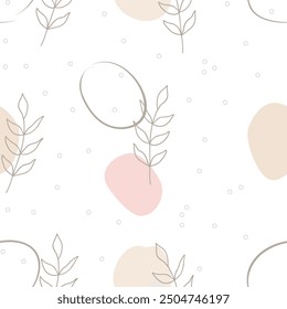 Vector simple seamless pattern with twigs and abstract spots on white background. For wallpapers and decor, invitation card, fabric print or textile, linen, web page background, wrapping paper.