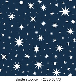 Vector simple seamless star geometric pattern. Repeatable dark blue background. Unusual endless print. Can be used like wrapping paper, textile cover, christmas decoration etc.