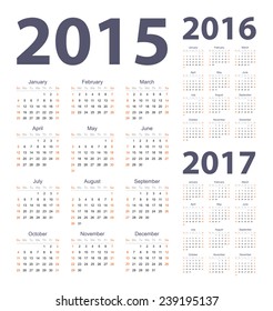 Vector simple set of 2015, 2016, 2017 year calendars.  Week starts from Sunday.