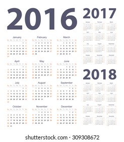 Vector simple set of 2016, 2017, 2018 year calendars. Week starts from Sunday.