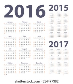 Vector simple set of 2016, 2017, 2015 year calendars. Week starts from Sunday.