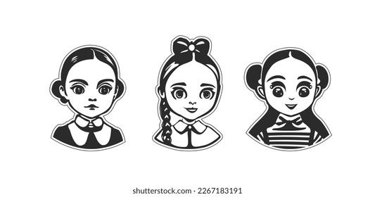 Vector simple set of black and white little girls with big eyes on a white isolated background. Stickers, icons or emblems. Hairstyles, bow and pigtail.