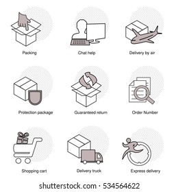 Vector simple set of delivery symbols. Line business icons. Packing, Chat help, Delivery by air, Protection package, Guaranteed return, Order number, Shopping cart, Delivery truck, Express delivery
