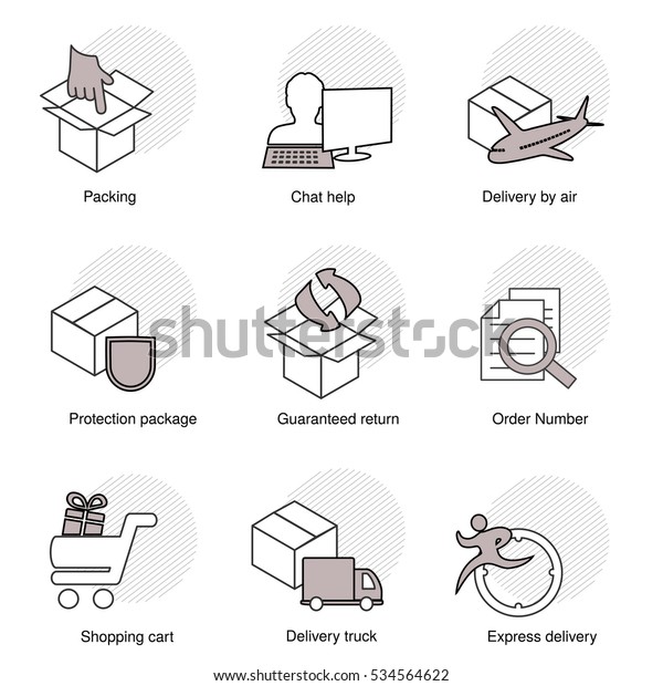 Vector simple set of delivery symbols. Line\
business icons. Packing, Chat help, Delivery by air, Protection\
package, Guaranteed return, Order number, Shopping cart, Delivery\
truck, Express\
delivery\
