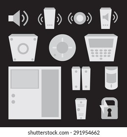Vector simple set of detectors icons (for window, fire, sound, etc), intercom, fire alarm, reader, electronic lock. Access Control System
