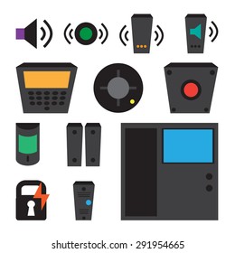 Vector simple set of detectors icons (for window, fire, sound, etc), intercom, fire alarm, reader, electronic lock. Access Control System