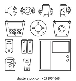 Vector simple set of detectors icons (for window, fire, sound, etc), intercom, fire alarm, reader, electronic lock. Access Control System