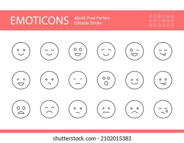 Vector simple set of emoticons. Emoji face. Editable vector stroke. Pixel perfect.