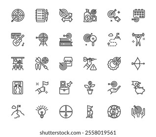 Vector simple set of personal goal such exercise, financial, hit target and related outline icon set, business and planning resolution concept, 48x48 pixel perfect editable line for web, app, ux, ui