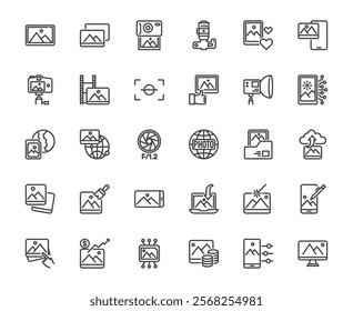 Vector simple set of photo or image related outline icon set, photograph technology and digital camera concept, 48x48 pixel perfect editable line for web, app, ux, ui