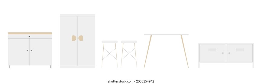 Vector simple set of Scandinavian style furnitures in white background.