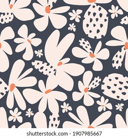 Vector simple shape Scandinavian flower motif seamless repeat pattern navy background