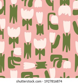 Vector simple shape tulip floral motif illustration seamless repeat pattern baby pink background