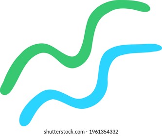 Vector simple shapes. Couple of hand-drawn oblique wavy lines. Curves in blue and green. Geometric elements are located one above the other. Modern design assets. Bright doodle for creating templates.