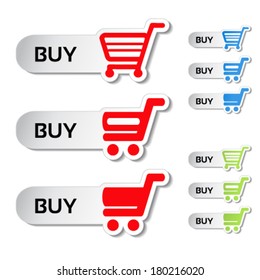 Vector simple shopping cart, menu items, white buttons with trolley