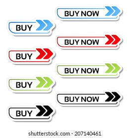 Vector simple shopping cart, menu items, buy buttons with arrows - labels, stickers on the white background 