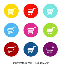 Vector simple shopping cart, trolley with circle color buttons, labels
