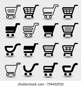 Vector simple shopping cart, trolley with shadow on transparent background, item, button