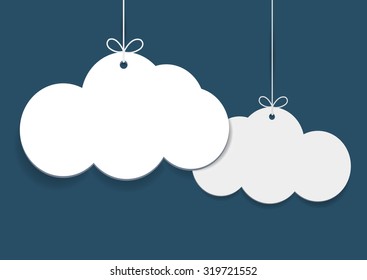 Vector simple shopping tags in shape of clouds on blue background 