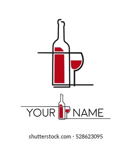 Vector simple sign wine in glass and bottle, broken line in red and black