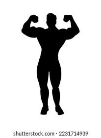 Vector simple silhouette shadow shape, flat black icon isolated on white backround. Logo design element. Sportive athletic man with big muscles.