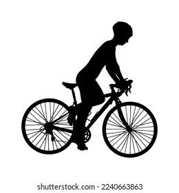 Vector simple silhouette shadow shape, riding sport bicycle flat black emblem isolated on white backround. Logo design element. Sportive man person.