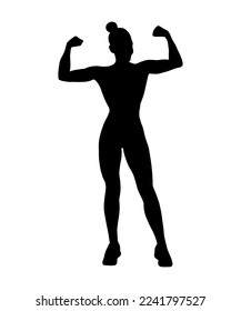 Vector simple silhouette shadow shape, flat black icon isolated on white backround. Logo design element. Sportive woman body with big muscles.