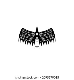 Vector simple silhouette tribal ethnic bird with song. Black and white stencil tattoo design.