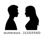 Vector simple silhouettes or icons of two people - woman and man facing each other - relationship, conversation, gender
