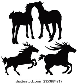 Vector simple silhouettes set: playful ponies and running deer