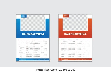 Vector simple single page wall calendar of 2024 with gradient color.