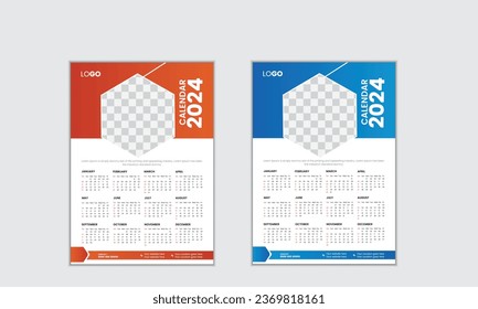 Vector simple single page wall calendar of 2024 with gradient color.