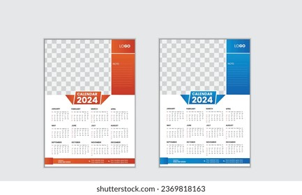 Vector simple single page wall calendar of 2024 with gradient color.