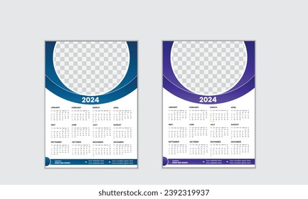 Vector simple single page wall calendar of 2024 with gradient color.