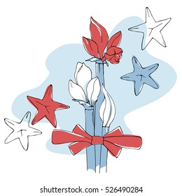 vector simple sketch of amaryllis flower bouquet and stars